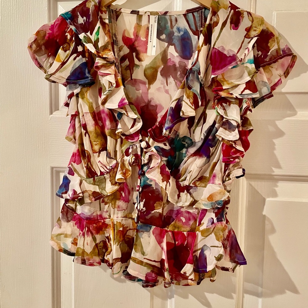 Anthropologie Multi-Color Ruffled Floral V-Neck Blouses